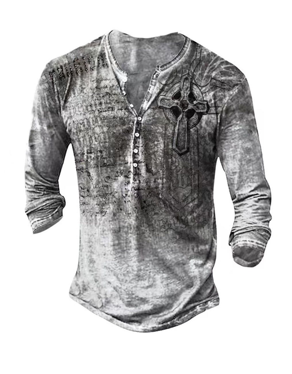 Men's Open Plate Seven Button T-shirt Vintage Viking Graphic Print Men's Long Sleeve T-shirt