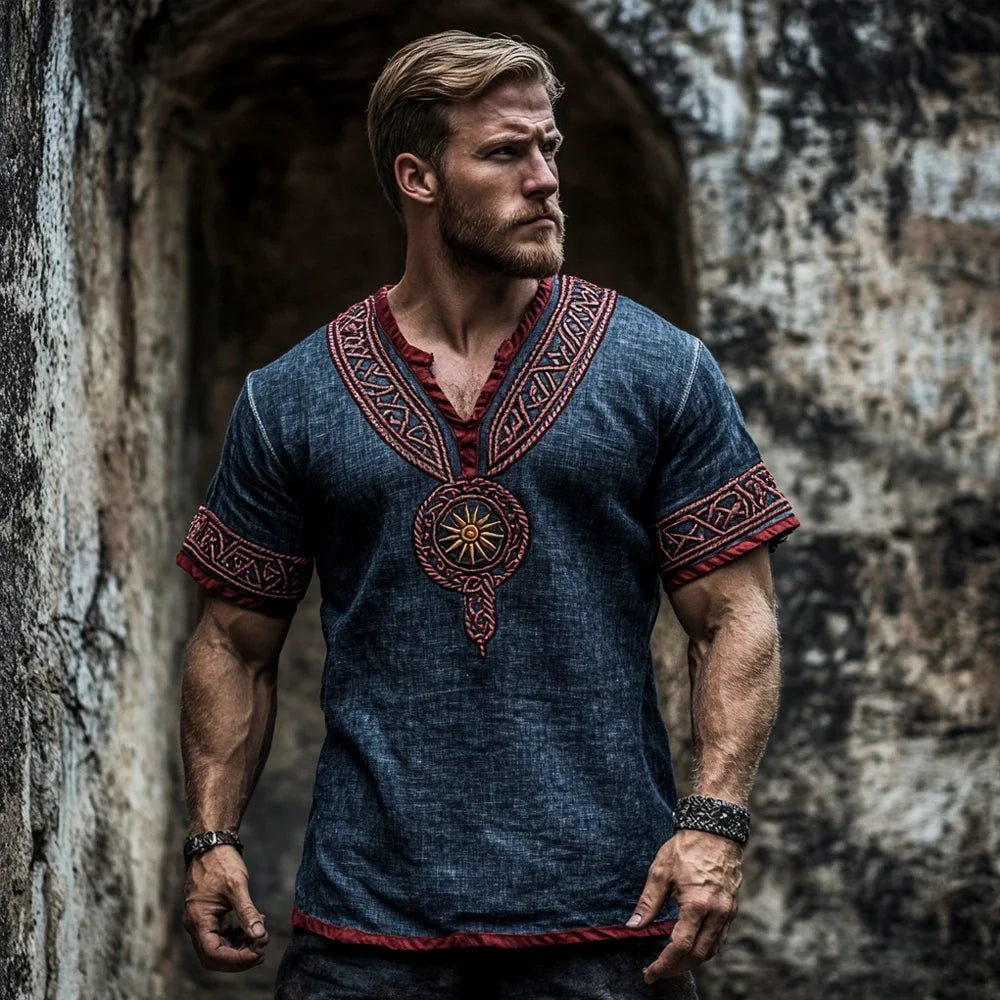 Men's Viking Art Print Pattern Knot Tree Of Life Linen T-shirt