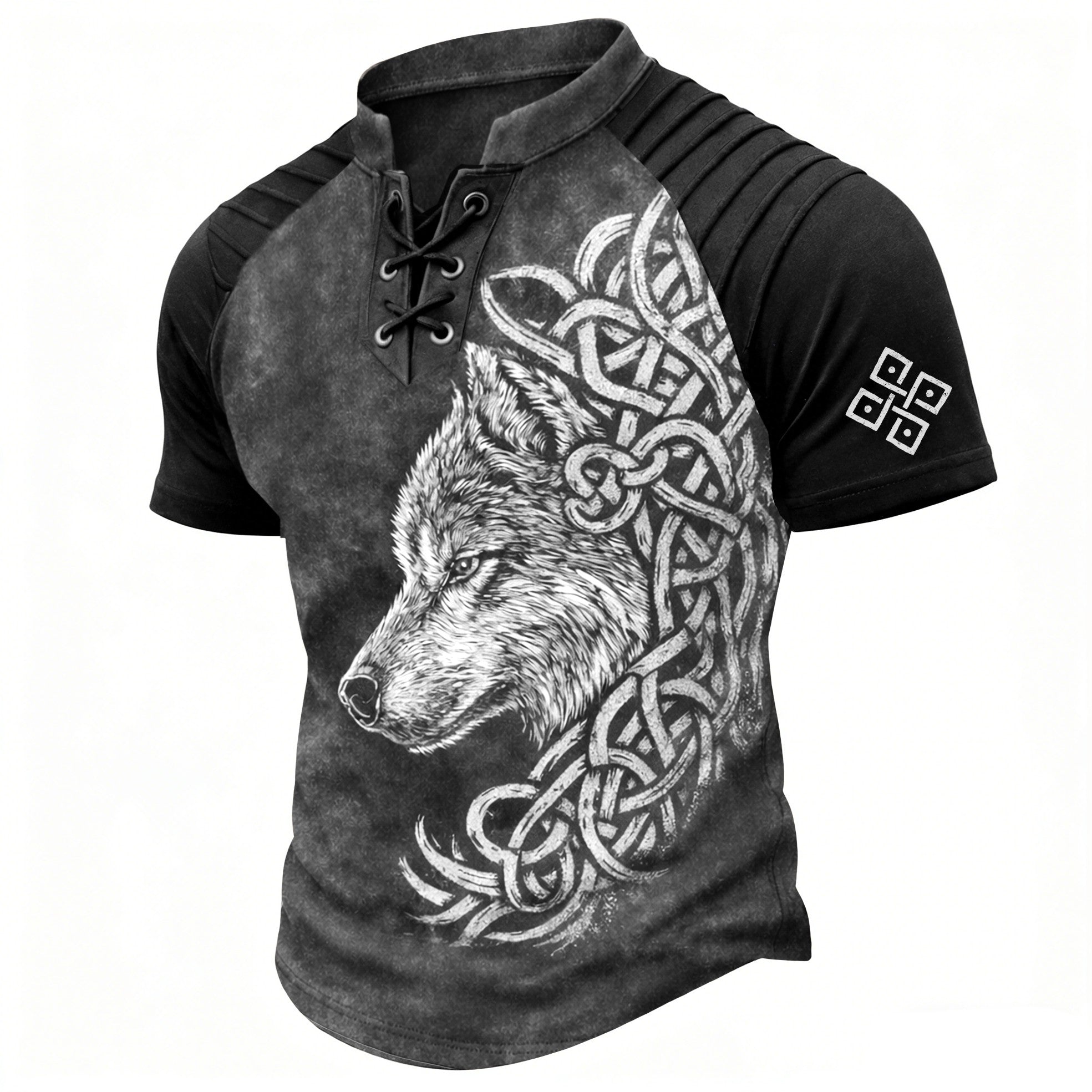 Men's Wolf Celtic Knot Print Distressed Blue Lace-Up Henley Shirt - Pleated Short Sleeve
