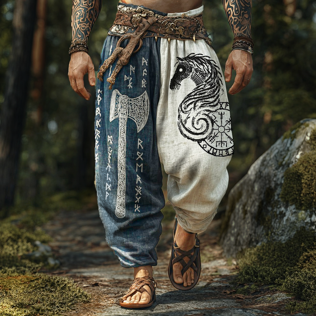 Men's Patchwork Norse Viking Graphic Harem Pants - Two-Tone Loose Fit Drop-Crotch Trousers