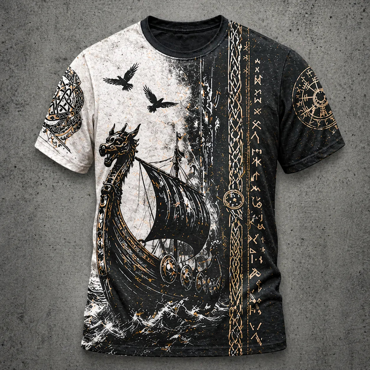 Men's Viking Longship Runes Graphic T-Shirt - Two-Tone Distressed Short Sleeve Tee