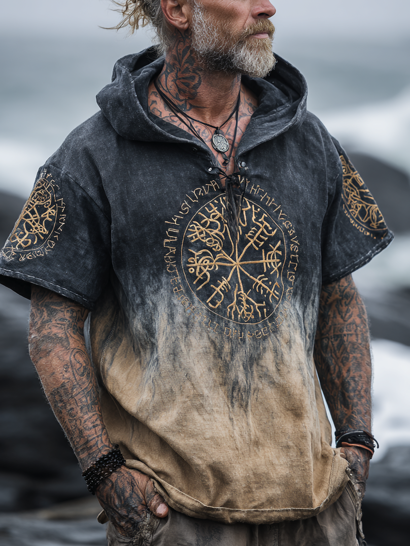 Men's Print Viking Inspired Rune Gradient Celtic Knot Pattern Short Sleeve Hoodie