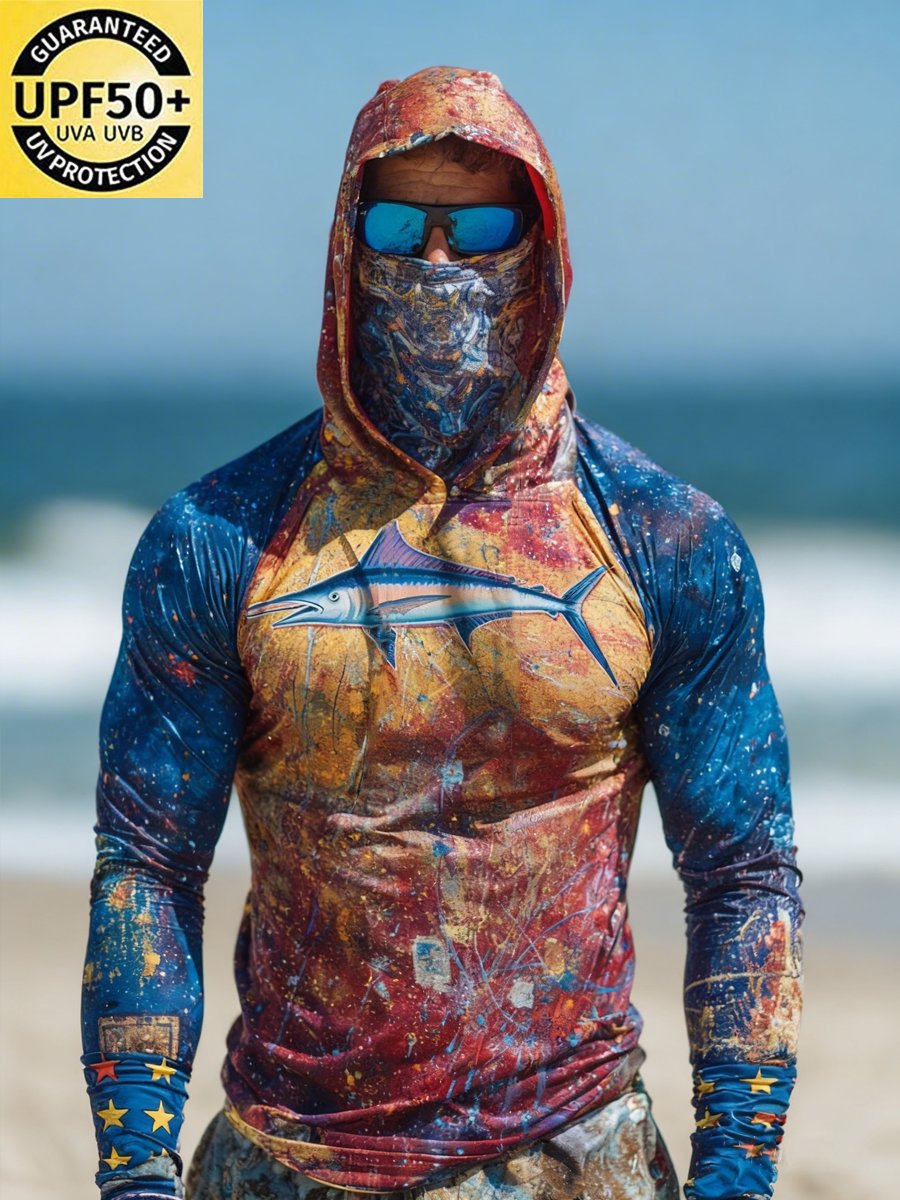 Men's Outdoor Sun Protection Breathable Cool Face Mask Hooded Printed Long-Sleeved Top