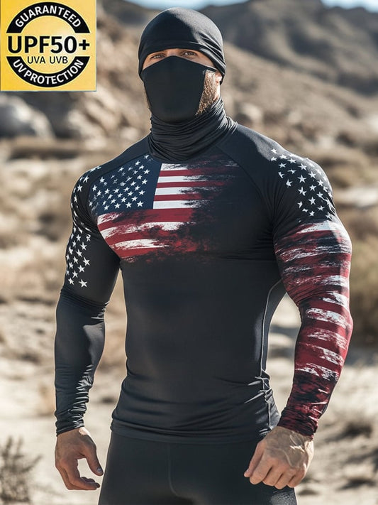 Men's Outdoor Sun Protection Breathable Cool Mask American Flag Print Hooded Sun Protection Long Sleeve Top