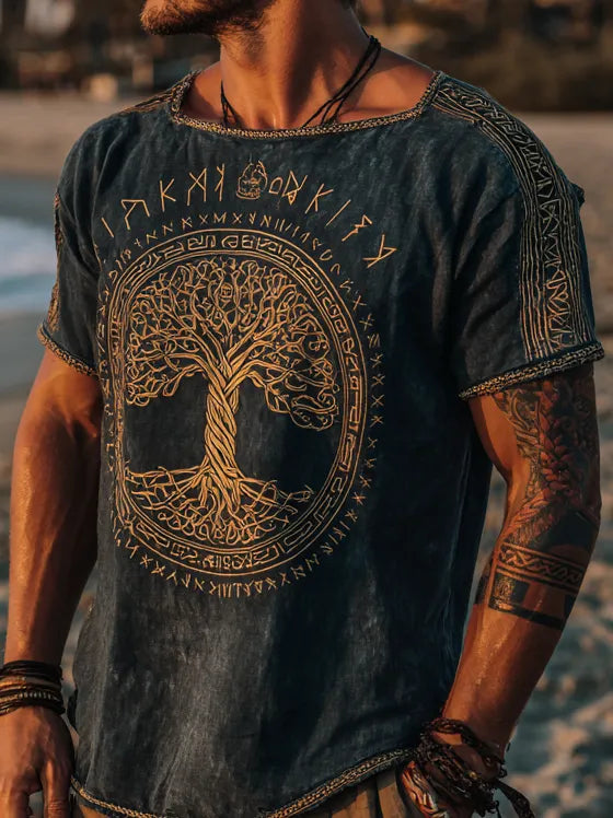 Men's Viking Mythology Nordic Tree Of Life Retro Yggdrasil T-Shirt