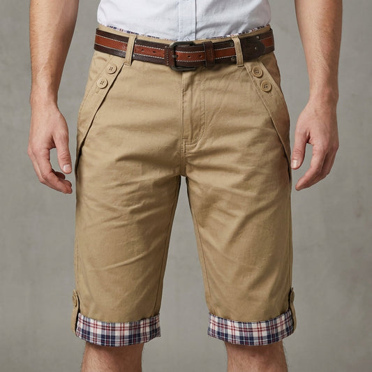 Tailored Shorts with Plaid Turn-Up Hem and Button Accents