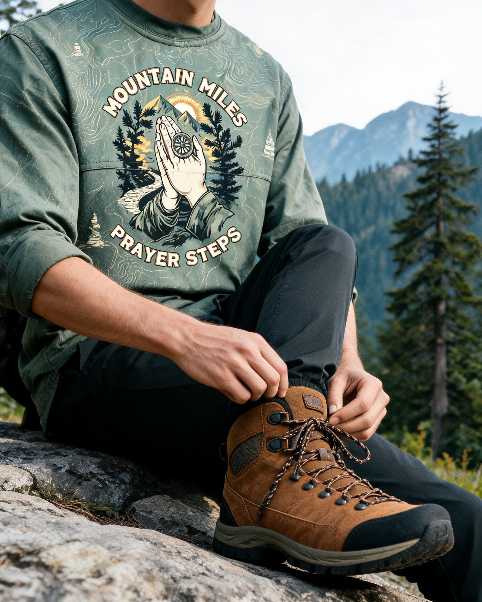 Christian Shirt Green Mountain Prayer Hiking AOP Tee