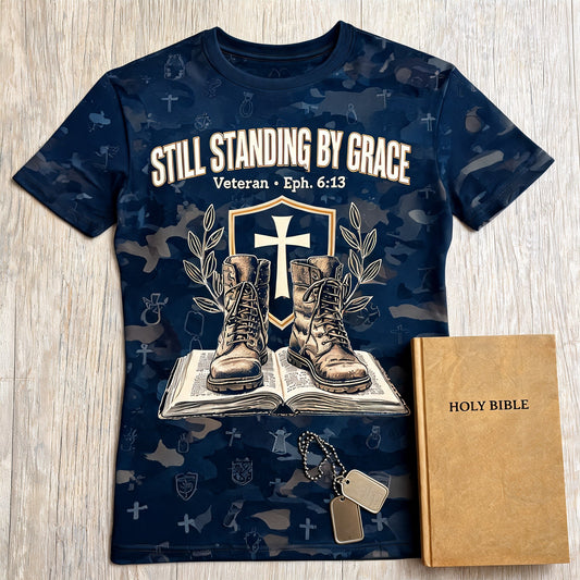 Christian Shirt Cross - Still Standing By Grace Short Sleeve AOP Tee