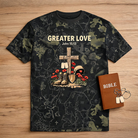 Christian Shirt Green - Greater Love Veteran Short Sleeve AOP Tee
