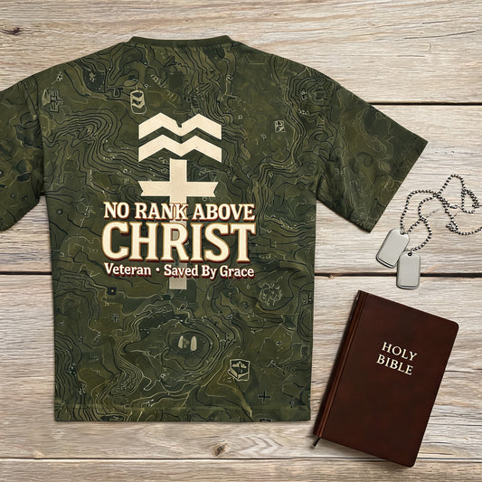 Mens Christian Shirts God Is Good - No Rank Above Christ Short Sleeve AOP Tee