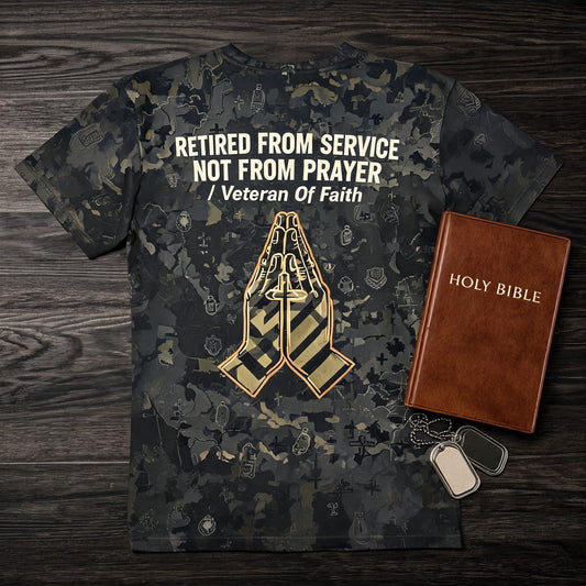 Christian Shirt Cross - Retired From Service Not From Prayer Short Sleeve AOP Tee