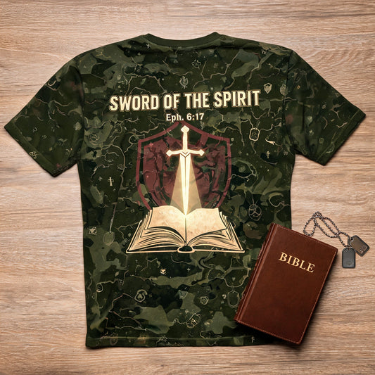 Christian Shirt Green - Sword Of The Spirit Veteran Short Sleeve AOP Tee