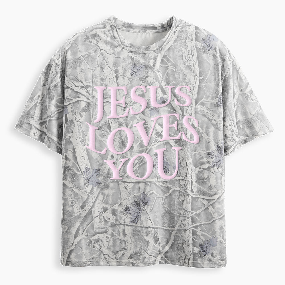 Jesus Loves You Christian Puff Printed Camo T-Shirt