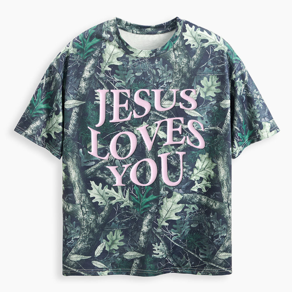 Jesus Loves You Christian Puff Printed Camo T-Shirt