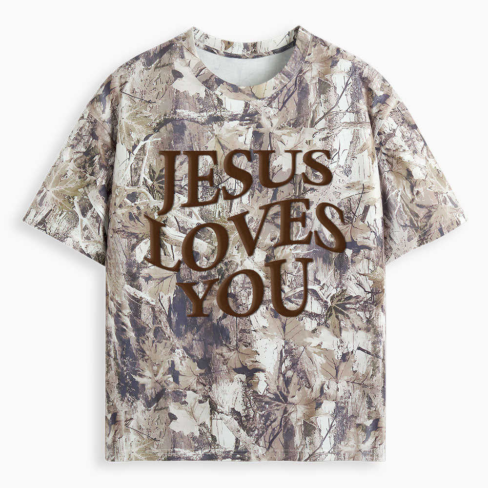 Jesus Loves You Christian Puff Printed Camo T-Shirt