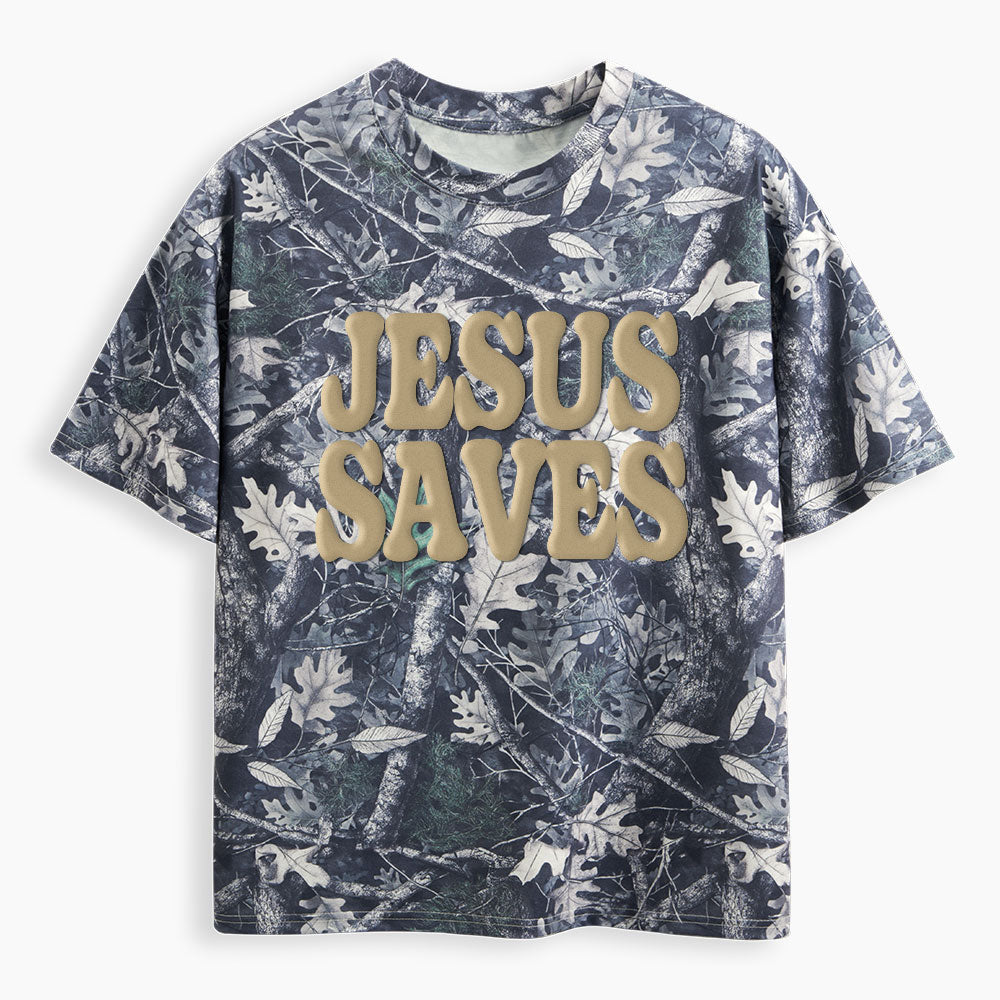 Jesus Saves Christian Puff Printed Camo T-Shirt