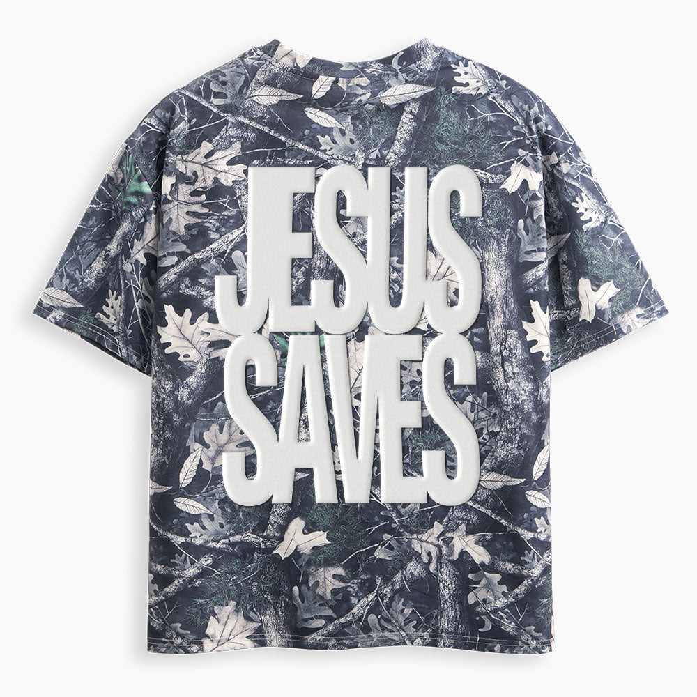 Jesus Saves Christian Puff Printed Camo T-Shirt