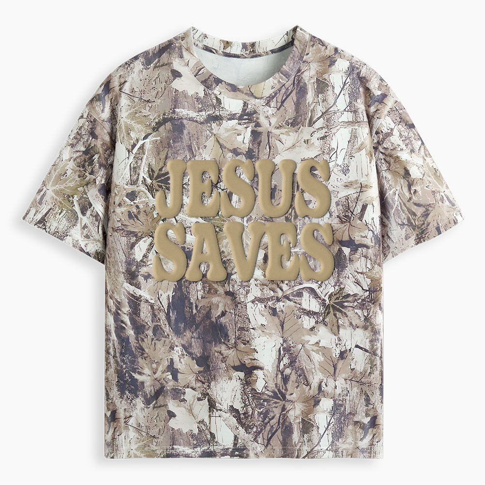 Jesus Saves Christian Puff Printed Camo T-Shirt