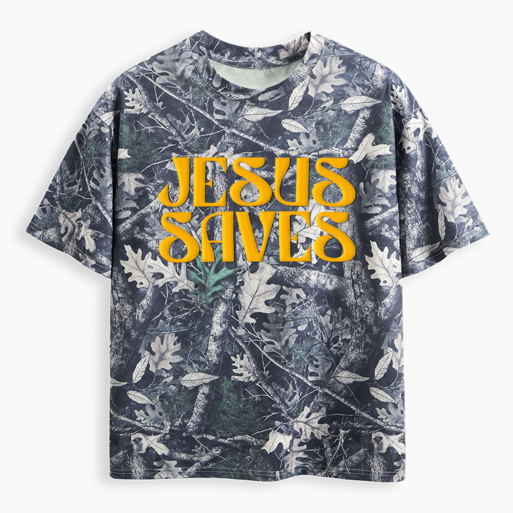 Jesus Saves Christian Puff Printed Camo T-Shirt