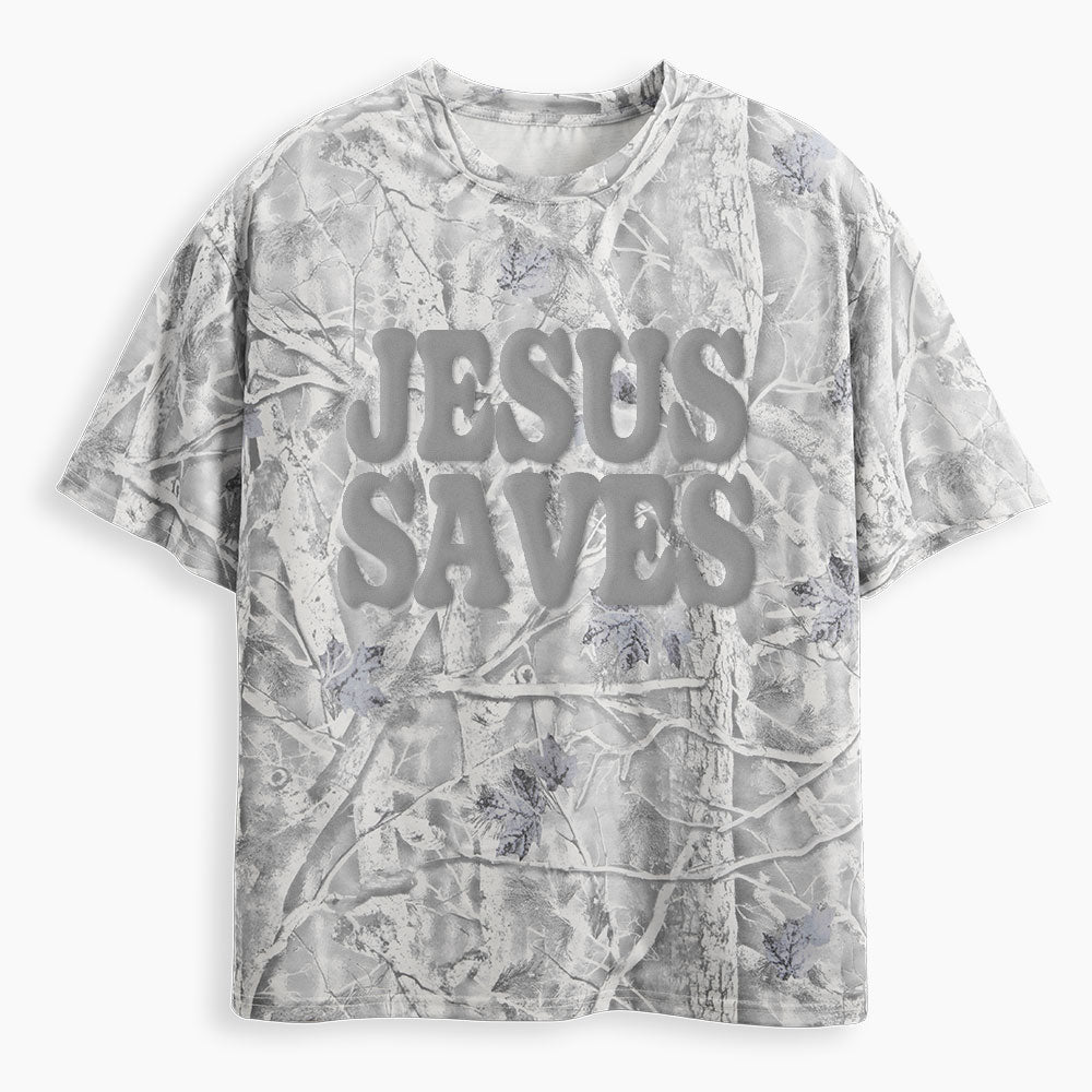 Jesus Saves Christian Puff Printed Camo T-Shirt