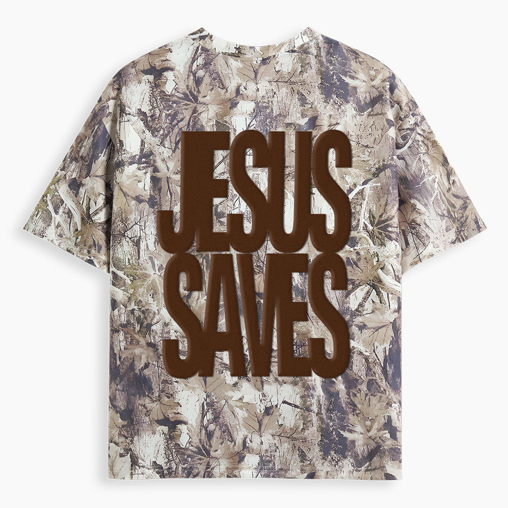 Jesus Saves Christian Puff Printed Camo T-Shirt