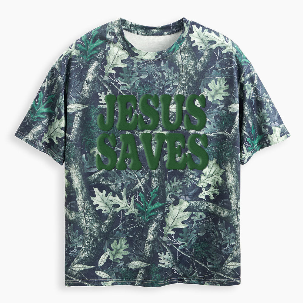 Jesus Saves Christian Puff Printed Camo T-Shirt
