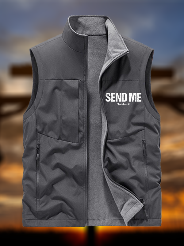 Isaiah 6:8 - SEND ME Jesus God Christian Reversible Outdoor Fleece-Lined Multi-Pocket Vest