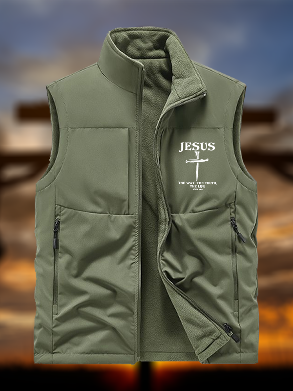 Jesus The Way The Truth The Life Jesus God Christian Reversible Outdoor Fleece-Lined Multi-Pocket Vest