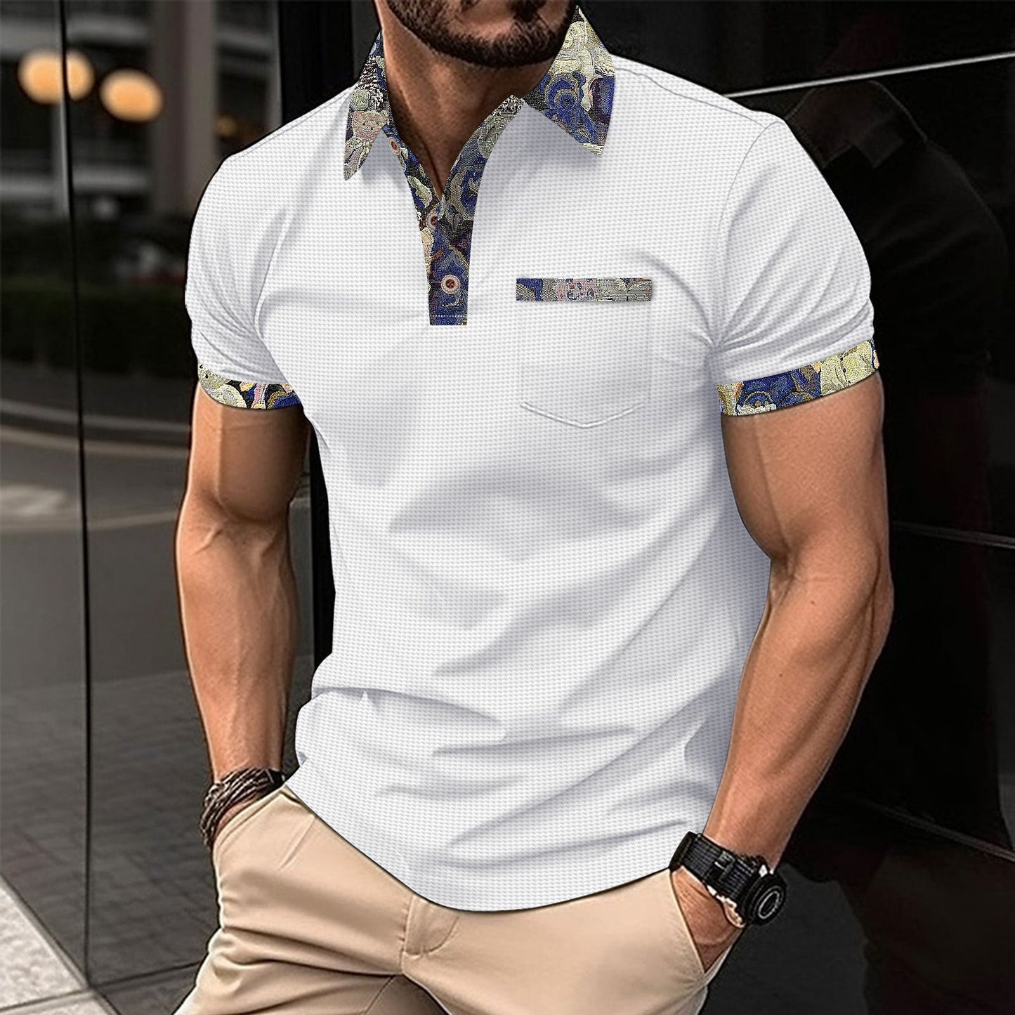 Men's Color Block Waffle Knit Pocket Short Sleeve Polo Shirt