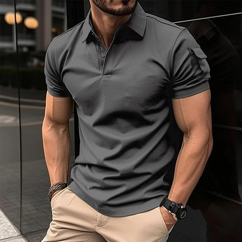 Men's Solid Color Short Sleeve Polo Shirt with Arm Pocket