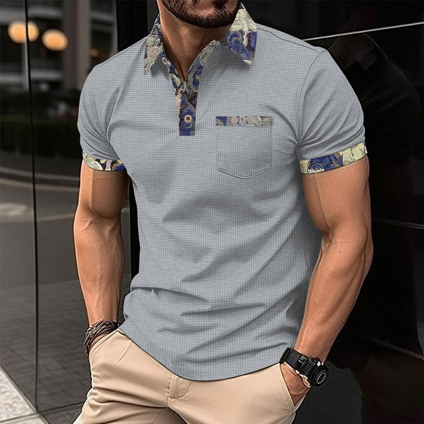 Men's Color Block Waffle Knit Pocket Short Sleeve Polo Shirt