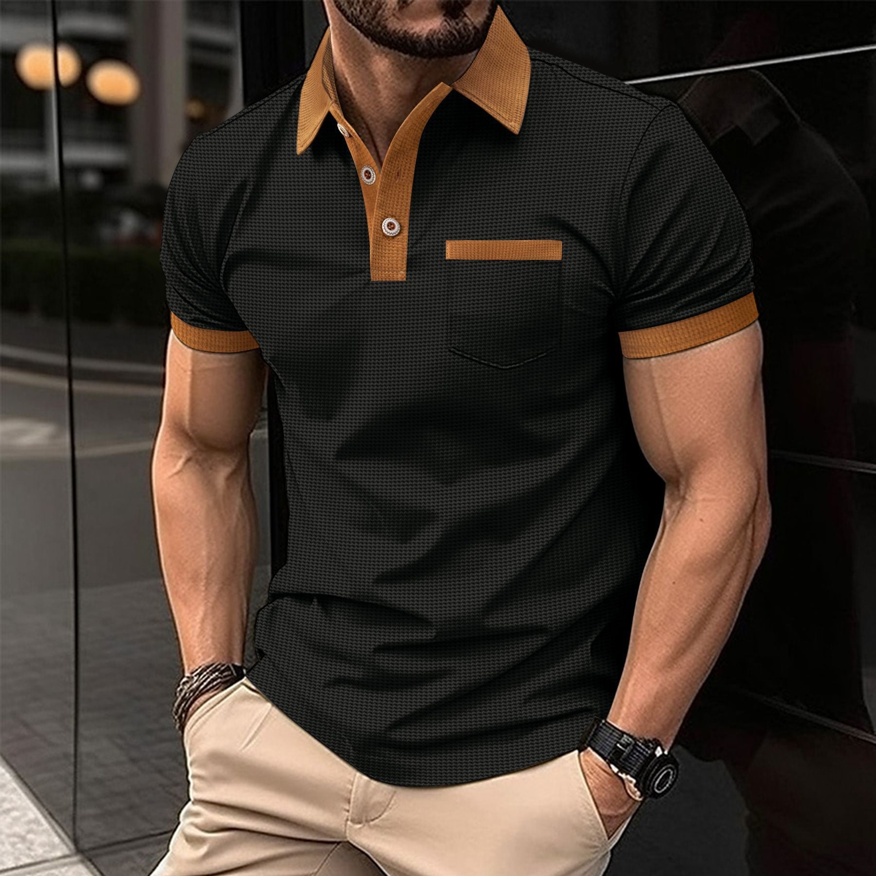 Men's Casual Color Block Buttoned Short Sleeve Polo Shirt