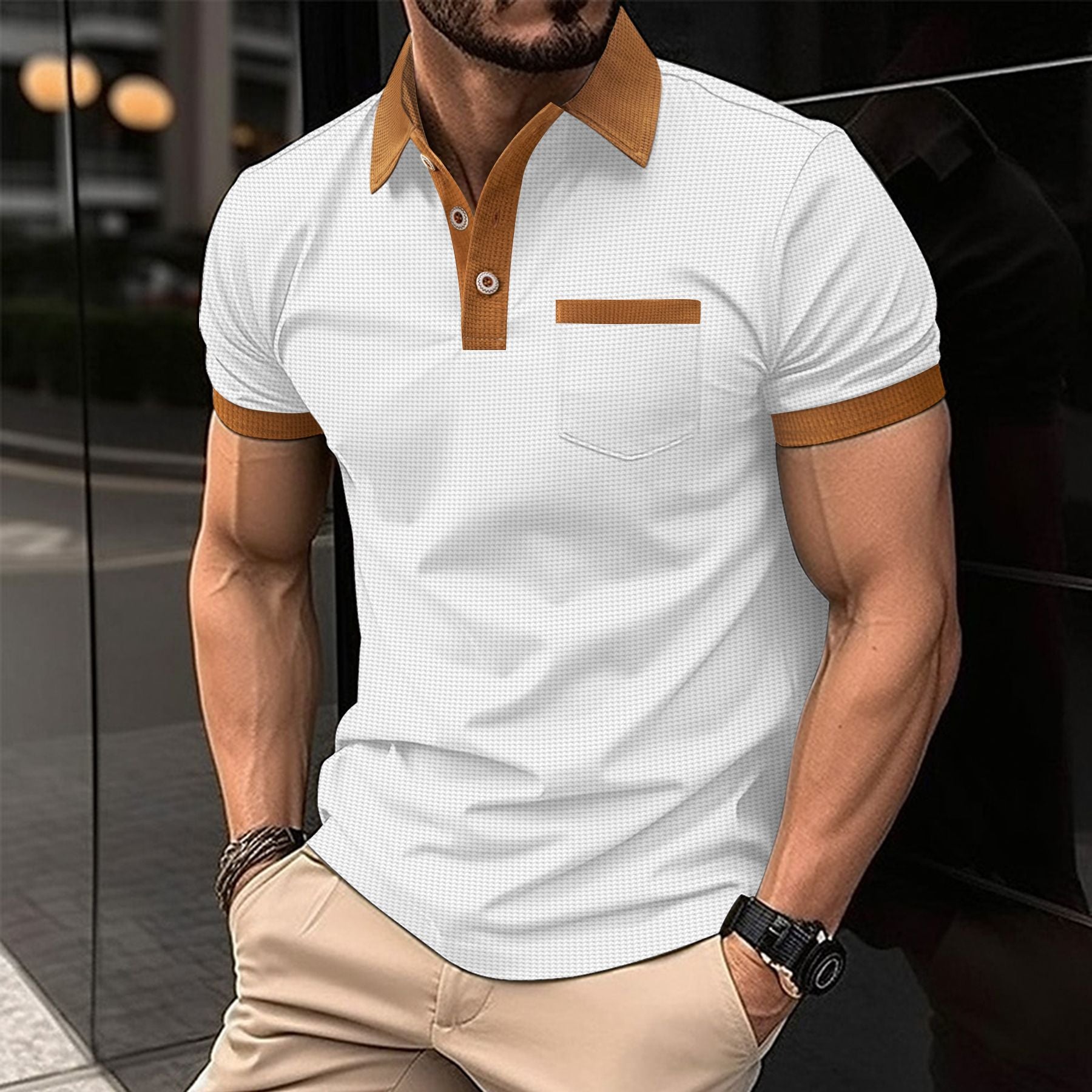 Men's Casual Color Block Buttoned Short Sleeve Polo Shirt