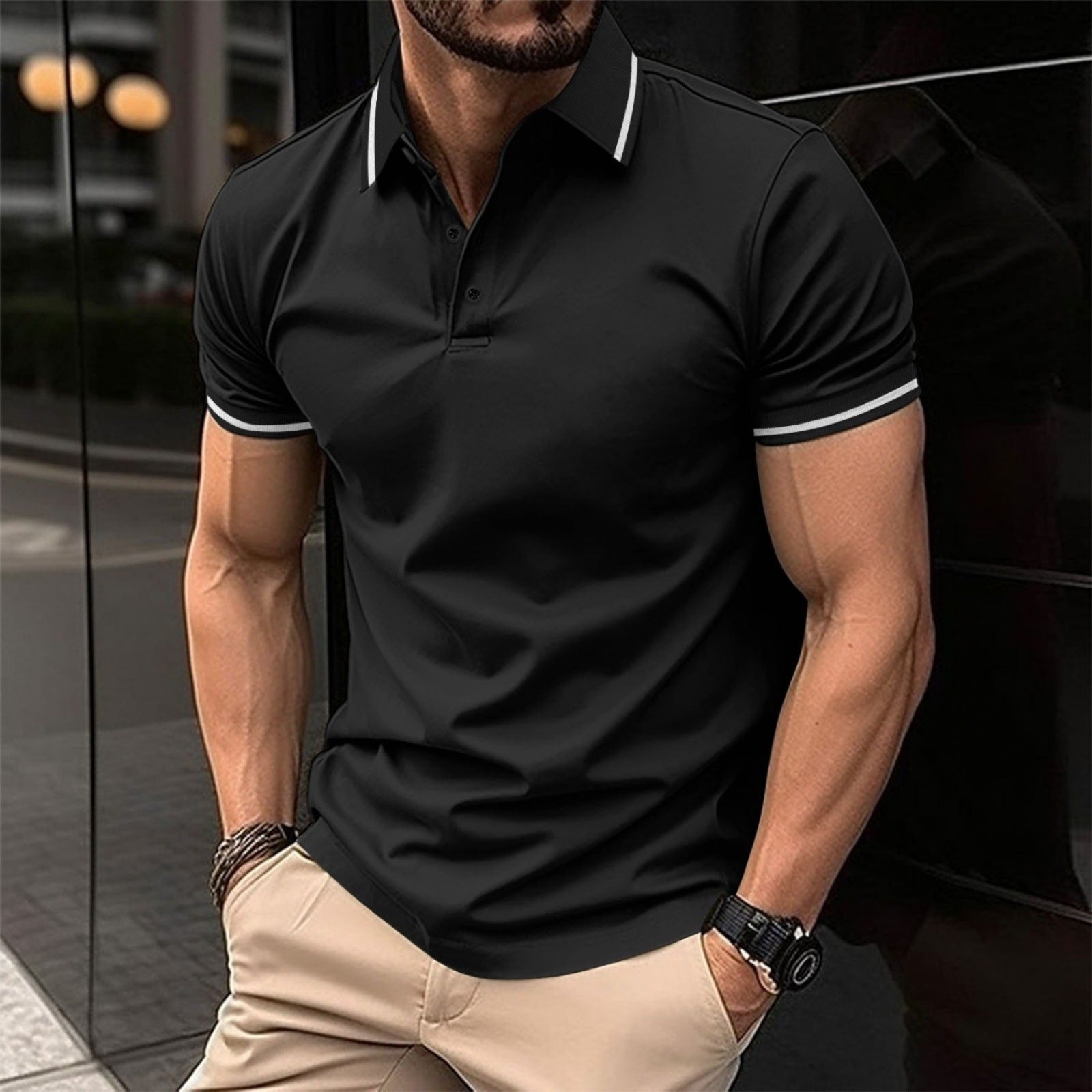 Men's Solid Color Buttoned Ribbed Collar Short Sleeve Polo Shirt