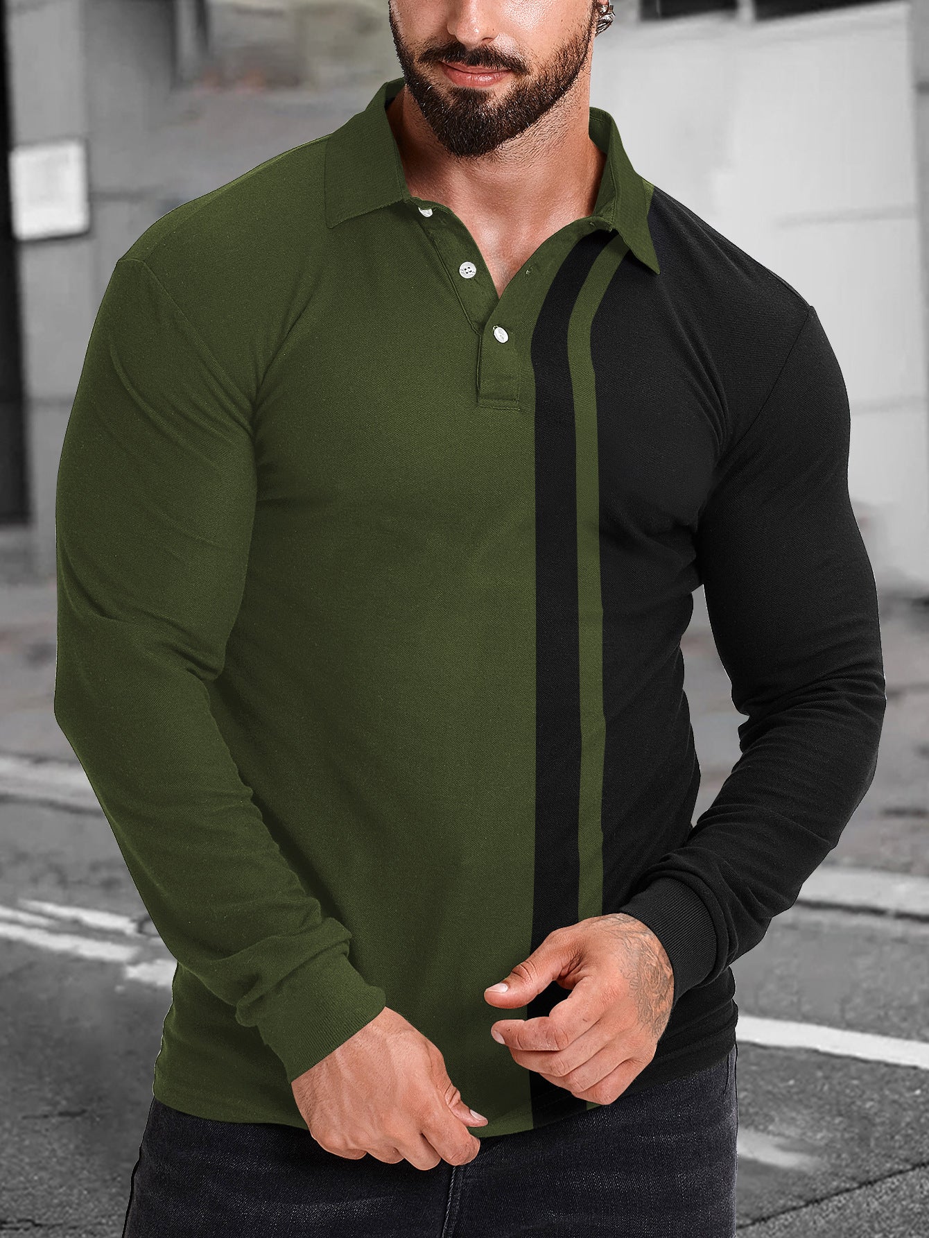 Men's Color Block Long Sleeve Polo Shirt