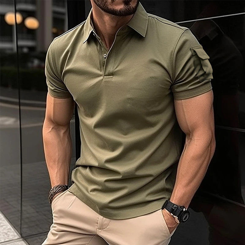Men's Solid Color Short Sleeve Polo Shirt with Arm Pocket