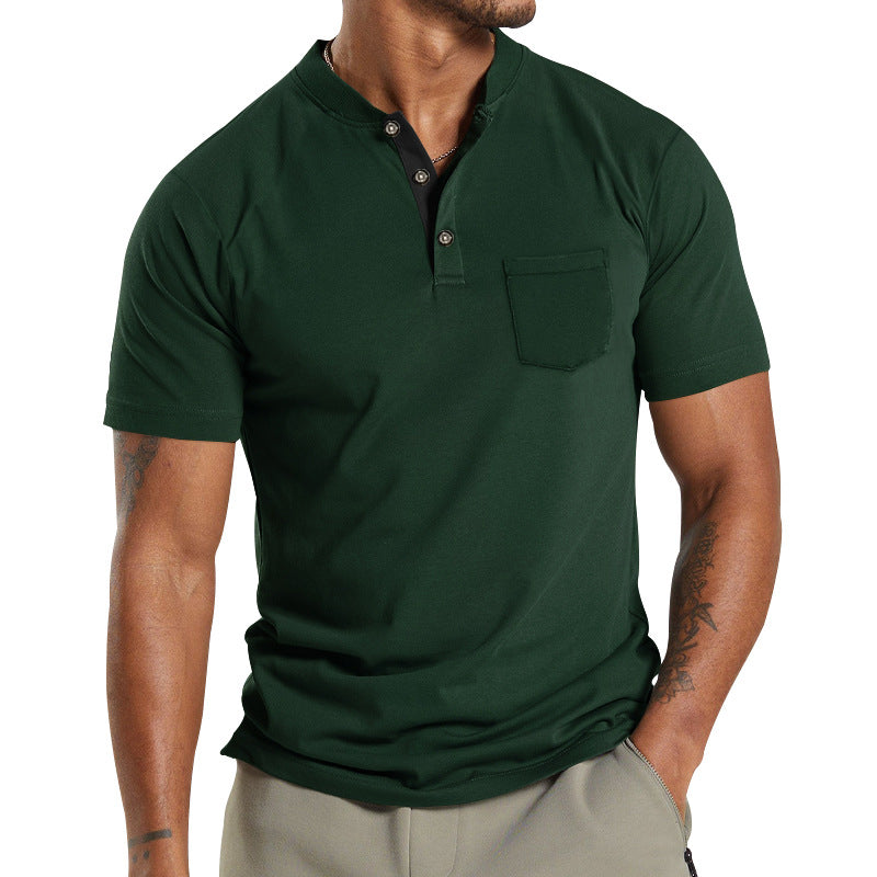 Men's Solid Color Pocket Short Sleeve Henley T-shirt
