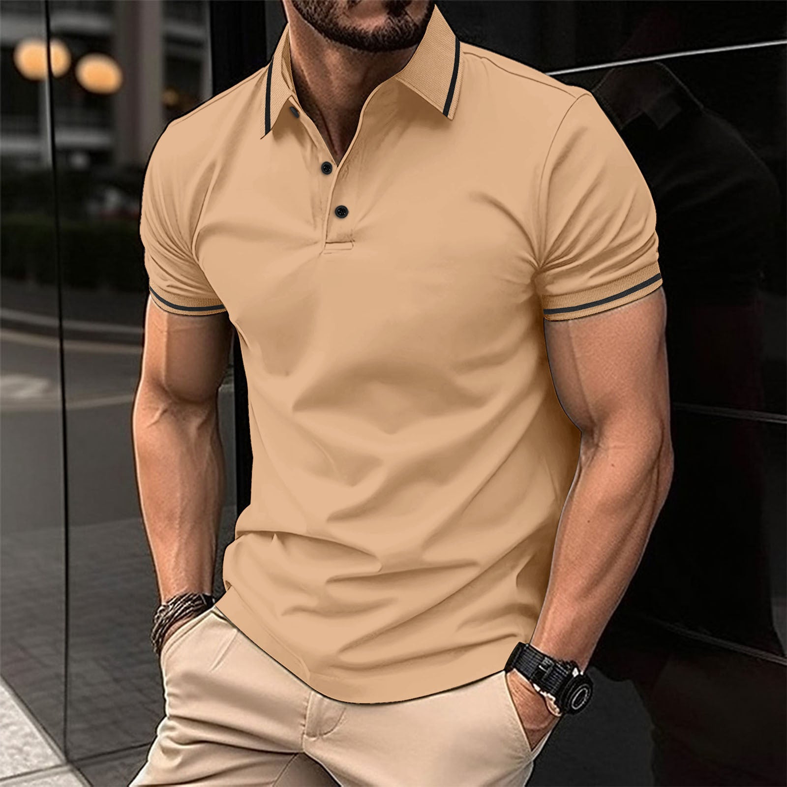 Men's Solid Color Buttoned Ribbed Collar Short Sleeve Polo Shirt