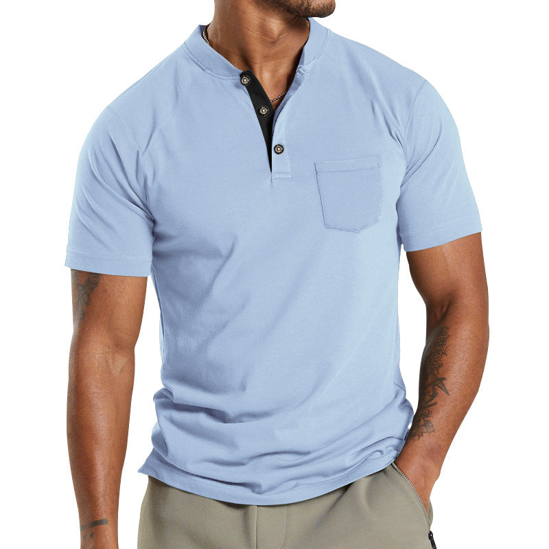 Men's Solid Color Pocket Short Sleeve Henley T-shirt