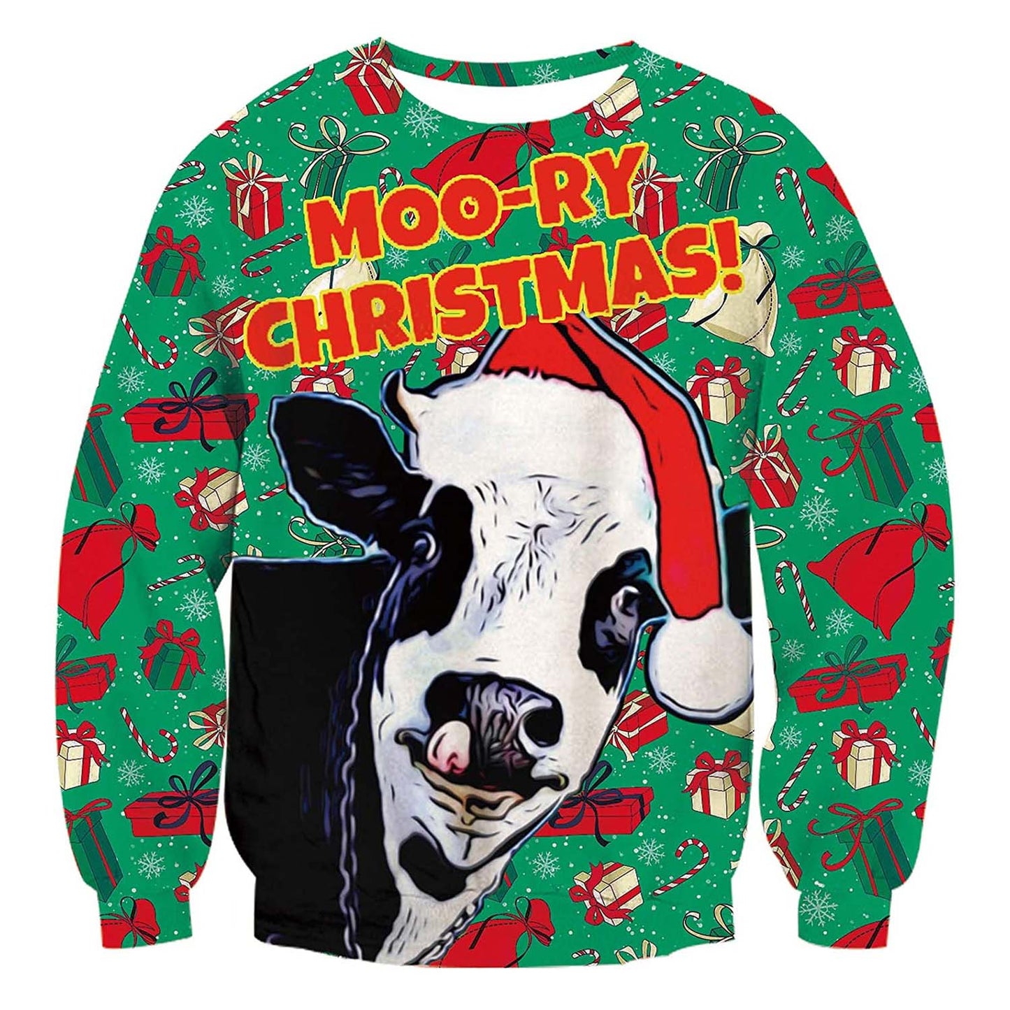 Unisex Cow Print Crew Neck Ugly Christmas Sweatshirt