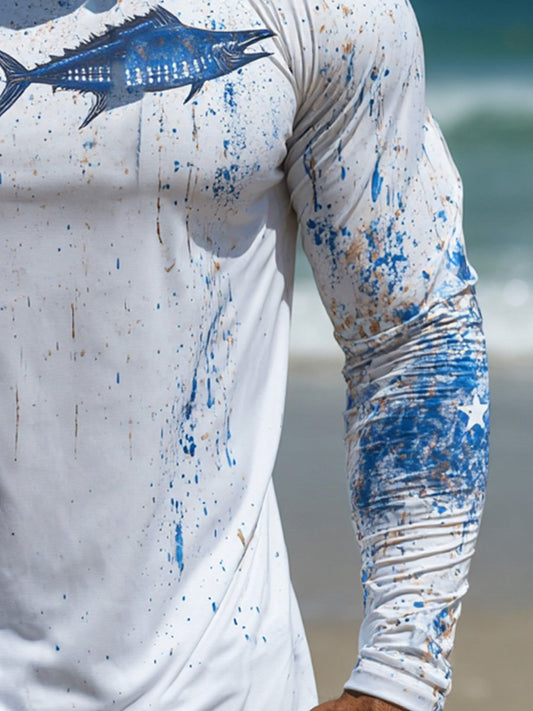 Men's Outdoor Sun Protection Breathable Cool Face Mask Hooded Printed Long-Sleeved Top