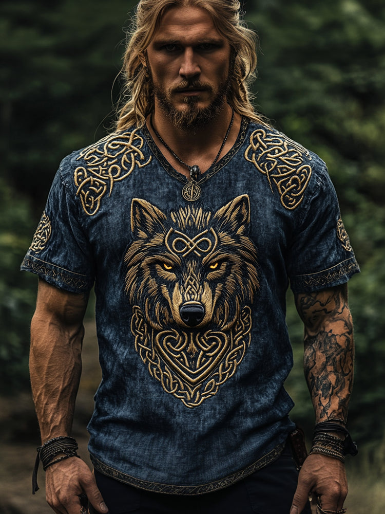 Men's Viking Tribal Knot Art Wolf Pattern Round Neck Linen T-Shirt