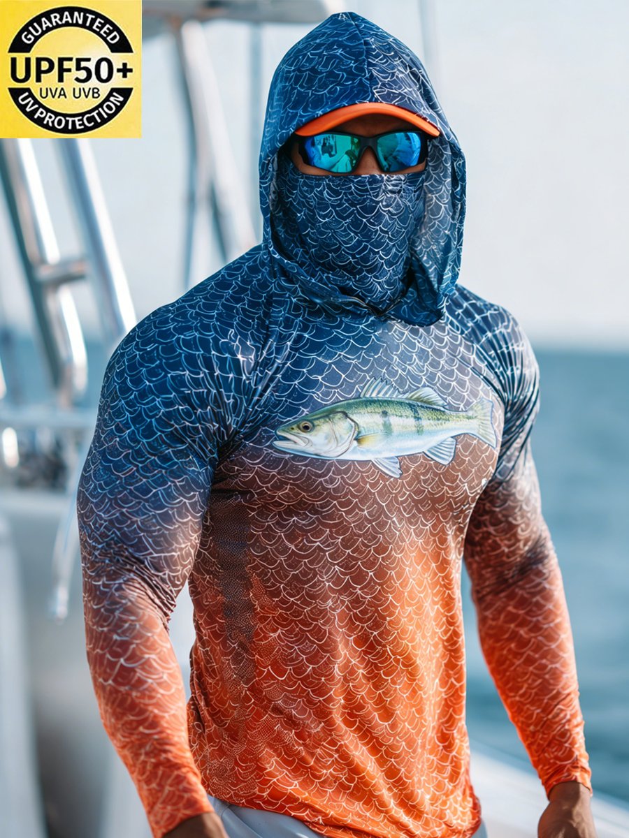 Men's Outdoor Sun Protection Breathable Cool Face Mask Hooded Printed Long-Sleeved Top