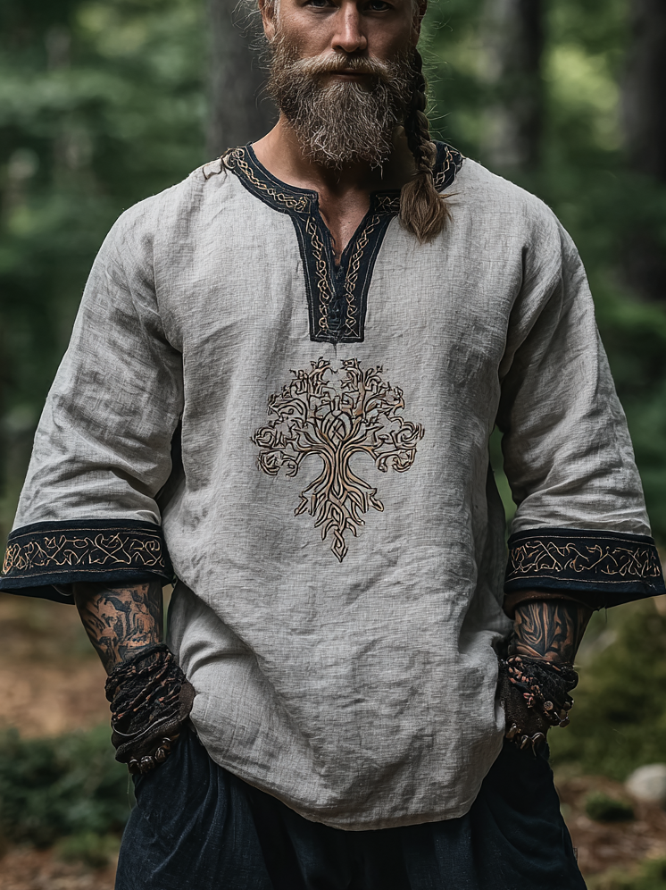 Men's Viking Occult Retro Tribal Long-Sleeve Linen T-shirt