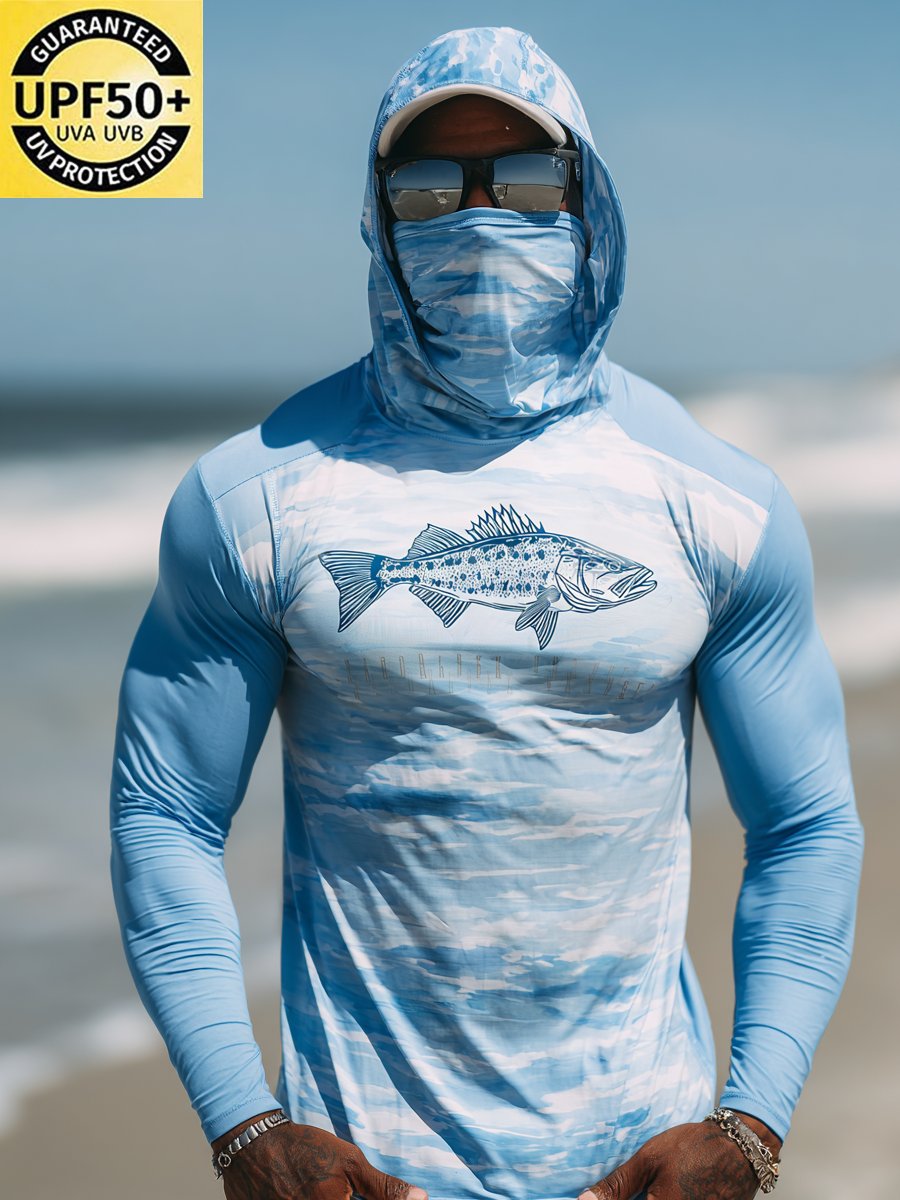 Men's Outdoor Sun Protection Breathable Cool Face Mask Hooded Printed Long-Sleeved Top