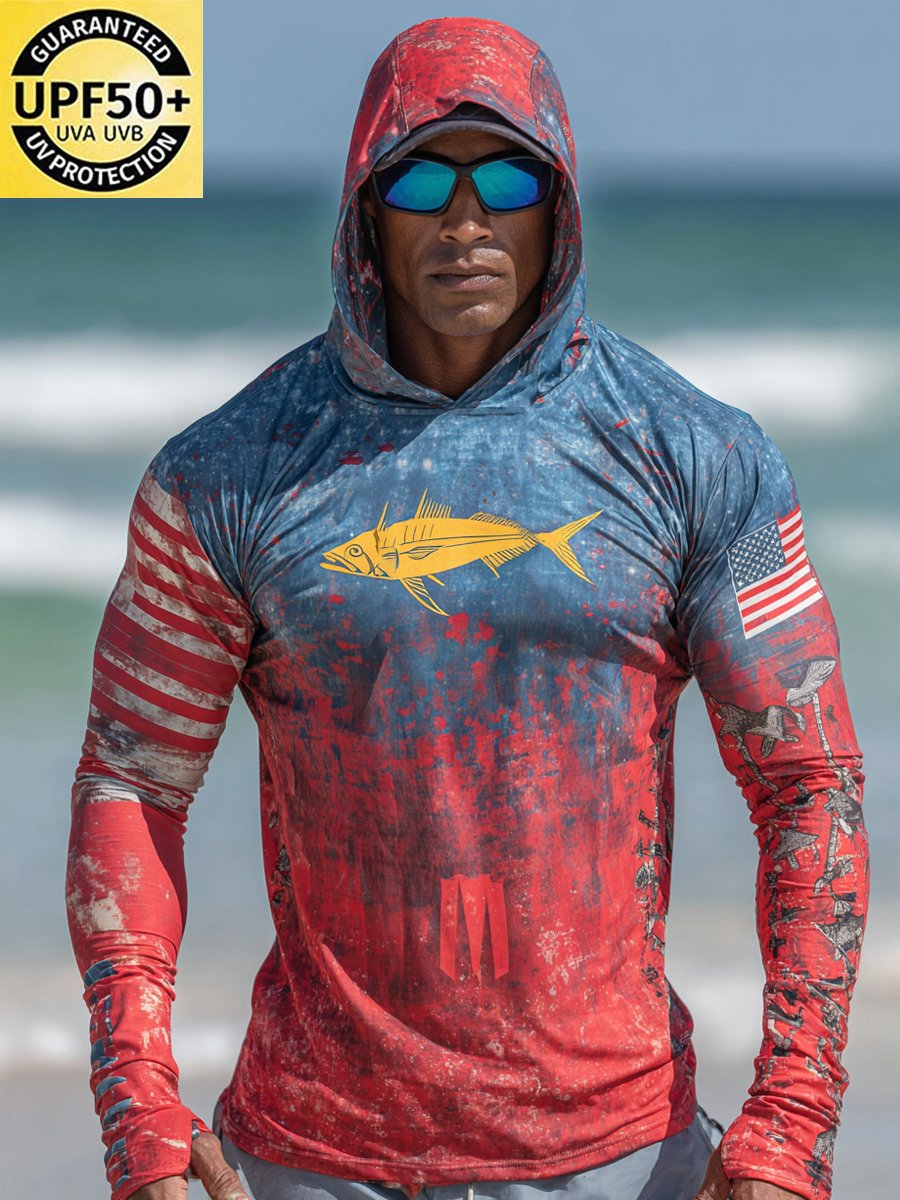 Men's Outdoor Sun Protection Breathable Cool Face Mask Hooded Printed Long-Sleeved Top