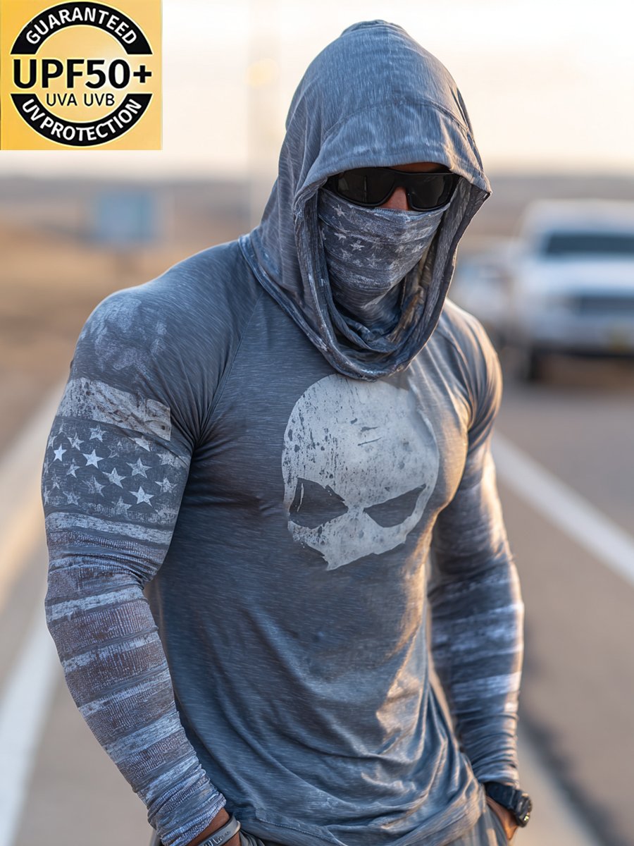 Men's Retro Skull Outdoor Sun Protection Breathable Cooling Mask Hooded Sun Protection Long Sleeve Top