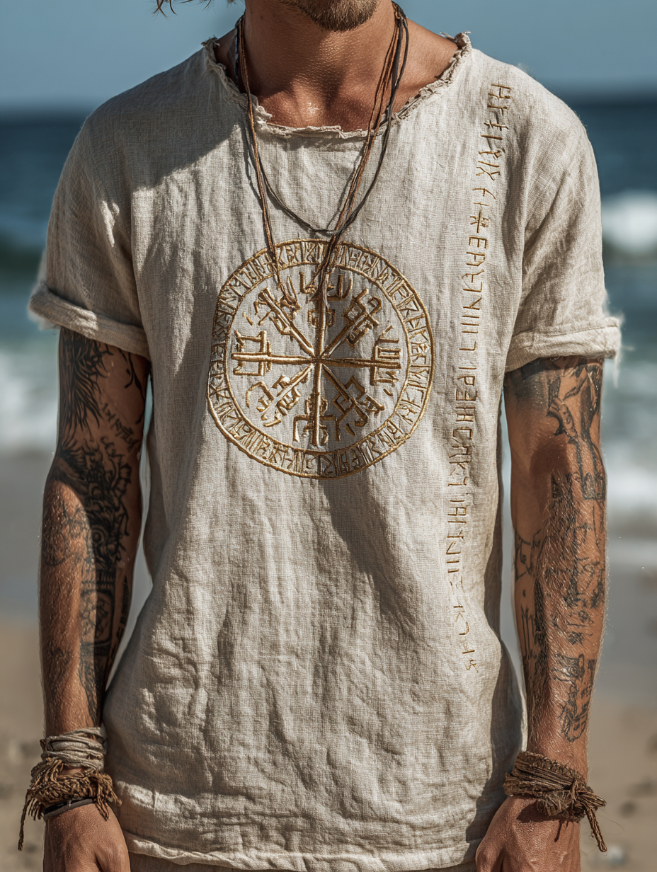 Men's Viking Mythology Runes Design Vintage Linen Shirt
