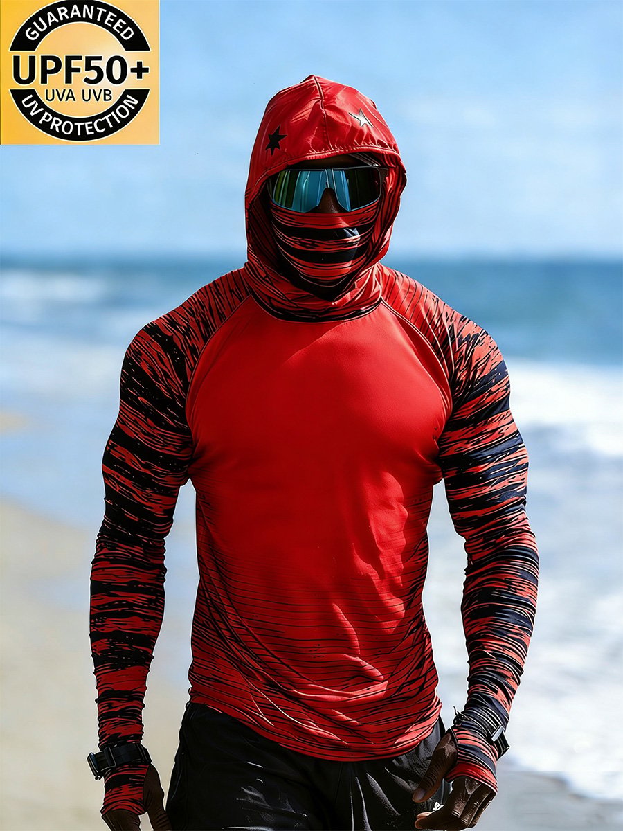 Men's Outdoor Sun Protection Breathable Cool Face Mask Hooded Printed Long-Sleeved Top