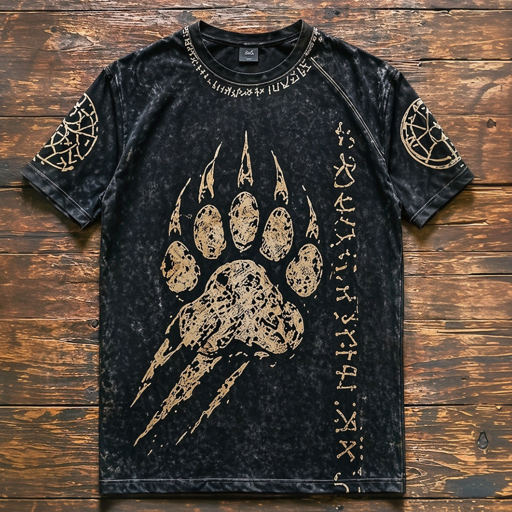 Men's Vintage Distressed Bear Paw Graphic T-Shirt - Washed Black Short Sleeve Tee